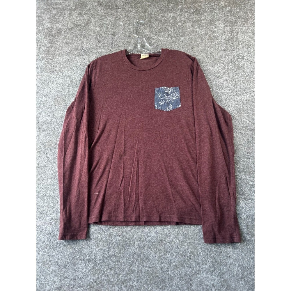 Hollister Crewneck T-Shirt Mens S Maroon Regular Long Sleeve Floral Pocket Patch